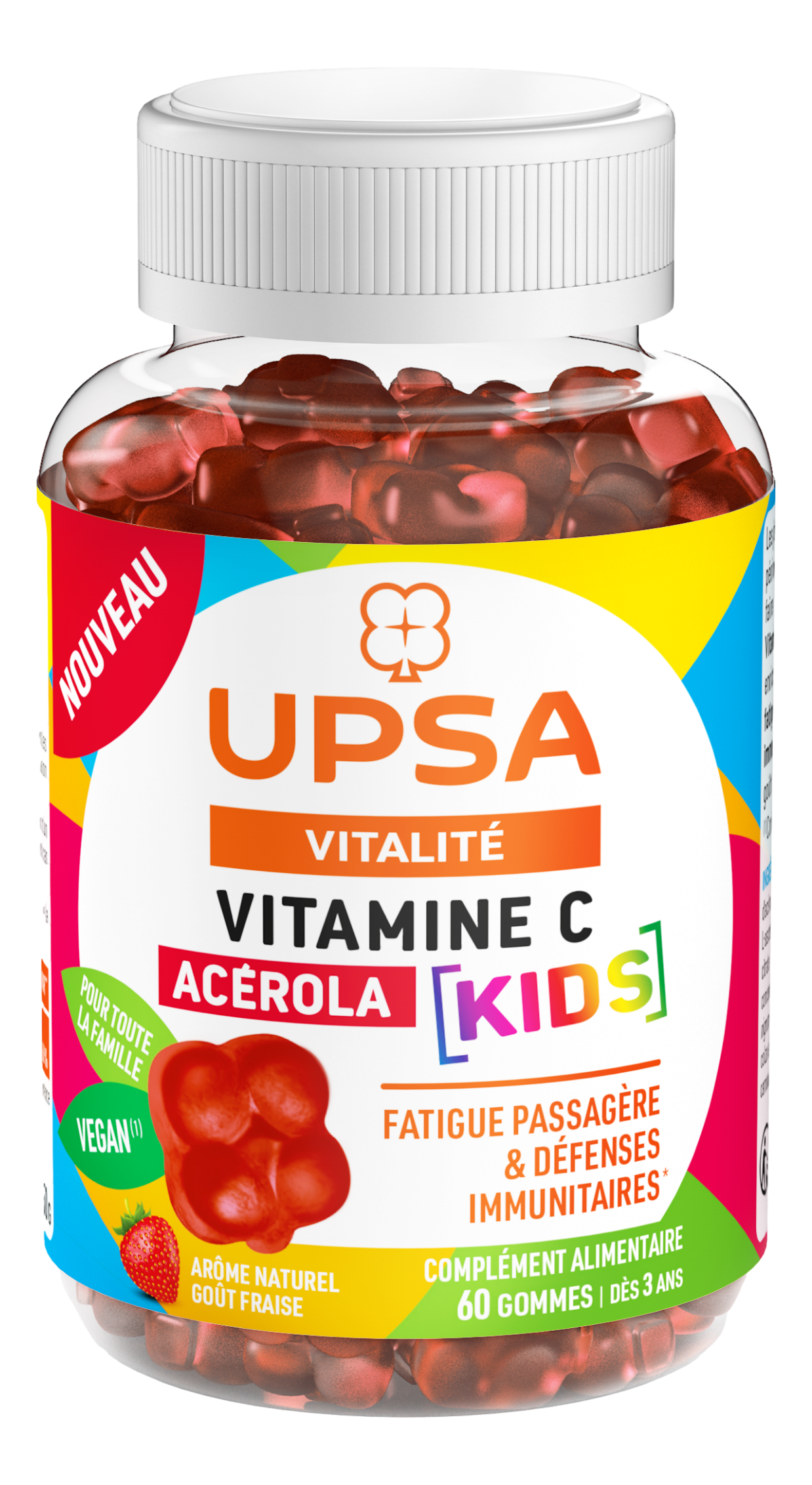 UPSA Vitalité Vitamine C Acérola Kids UPSA Vitalité Vitamine C Acérola Kids est un complément alimentaire pour les enfants dès 3 ans et toute la famille. Il est indiqué en cas de fatigue passagère, et pour le soutien des défenses immunitaires.